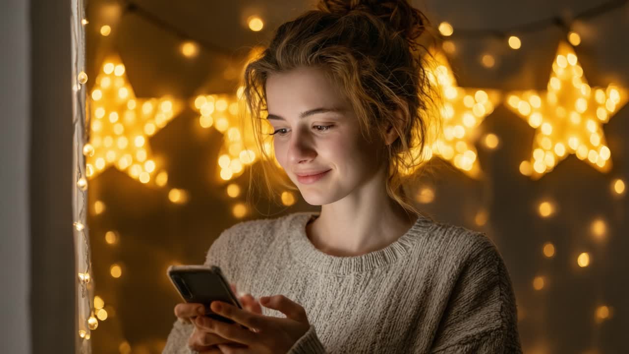 Una giovane donna con un sorriso caloroso utilizza il suo smartphone tra soffici luci fatate scintillanti e un’accogliente atmosfera in un ambiente rilassante