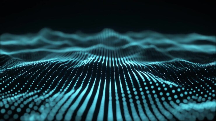 Sfondo astratto con movimento di onde di particelle digitali blu