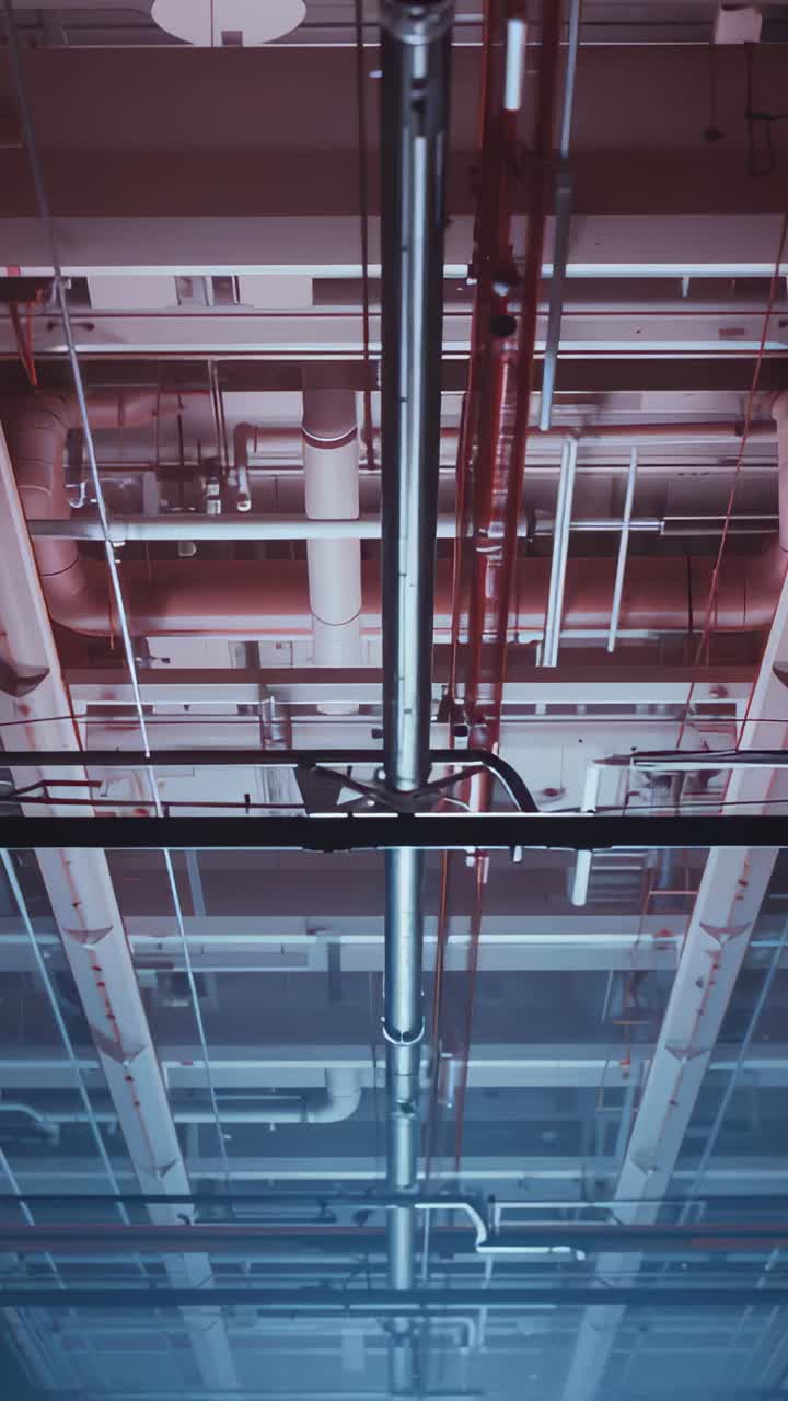 Vertical video: Tilting camera showing central steel pipe in ceiling, revealing ducts and sprinkler