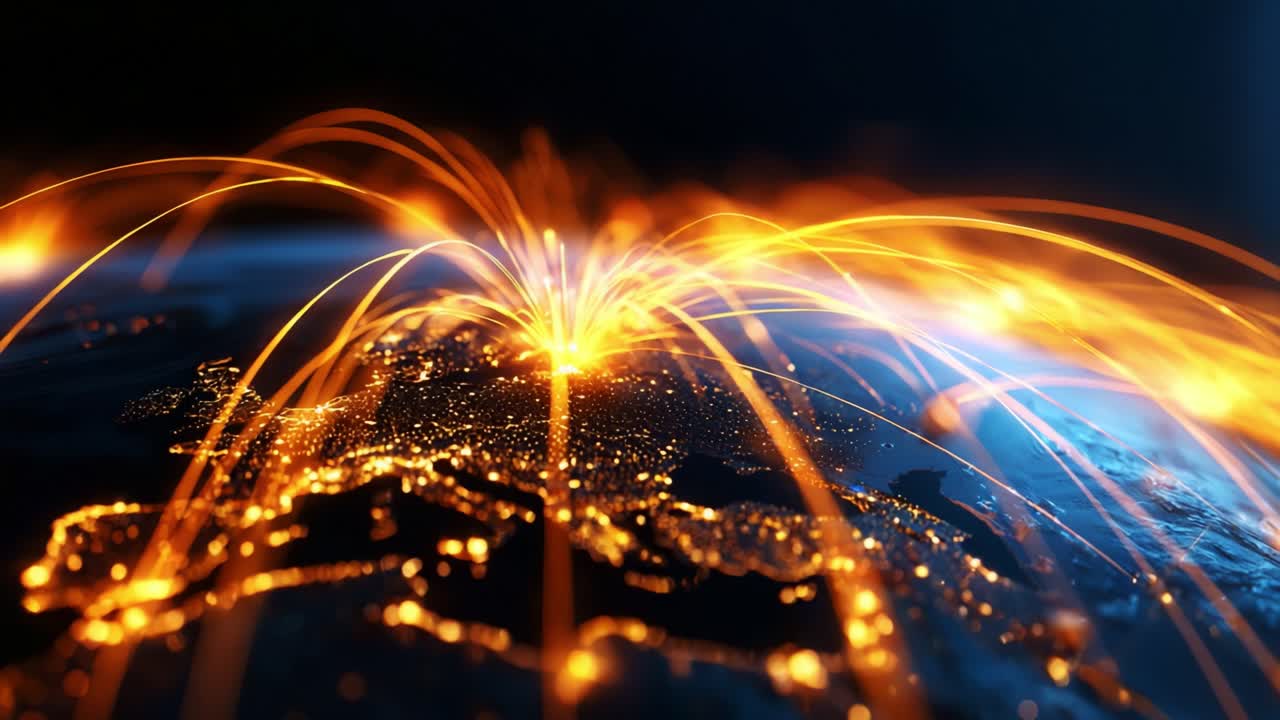 A Stunning Visualization of Global Connectivity: Illuminated Networks Between Cities Highlighting the Flow of Information and Data Across Continents and Time Zones