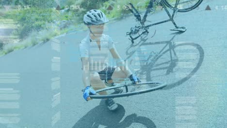 animation of icons and data processing over female cyclist fixing bike