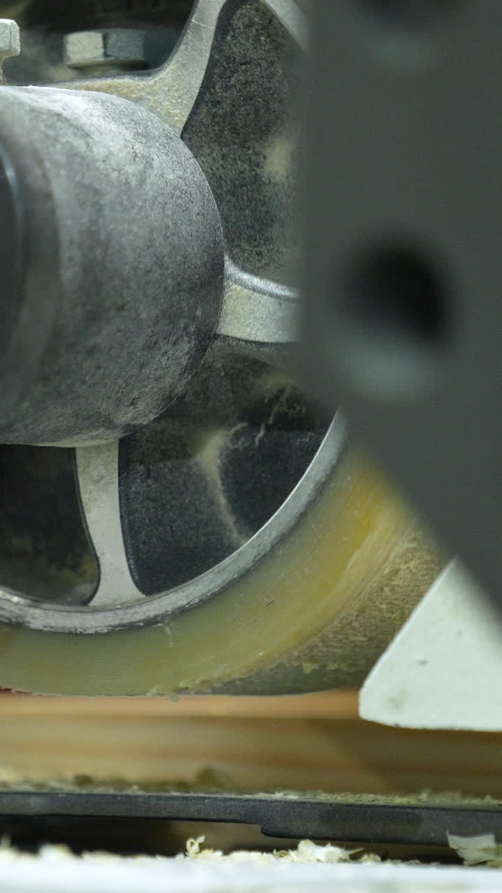 專業木工廠房內，重型工業滾筒將木材送入刨木機或砂光機的微距鏡頭