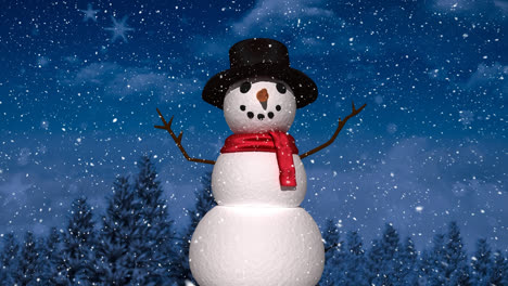 Snow-falling-ove-snowman-on-winter-landscape-against-night-sky