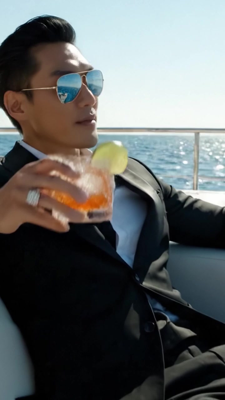 Ocio Elegante: Un Momento con Estilo en un Barco con una Bebida Refrescante en la Mano Bajo la Gloriosa Luz del Sol Junto al Mar