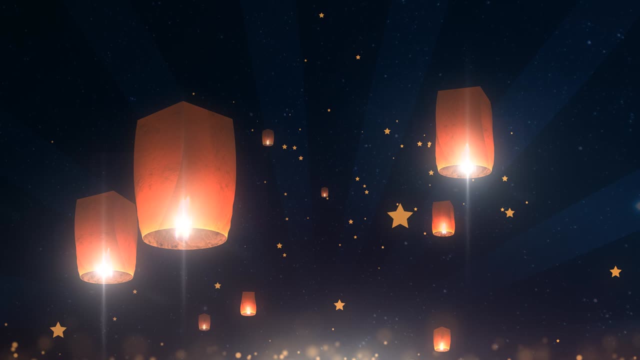 Lanterne celesti luminose che fluttuano in un cielo notturno stellato