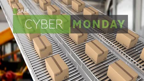 Animation-Von-Cyber-Monday-Text-über-Kartons-Auf-Förderbändern