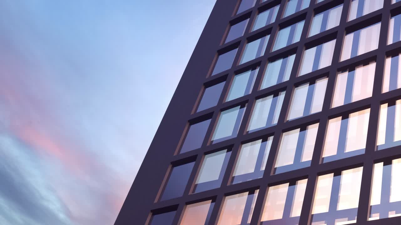 fachada de rascacielos que se mueve en bucle sin costuras con reflejos del cielo