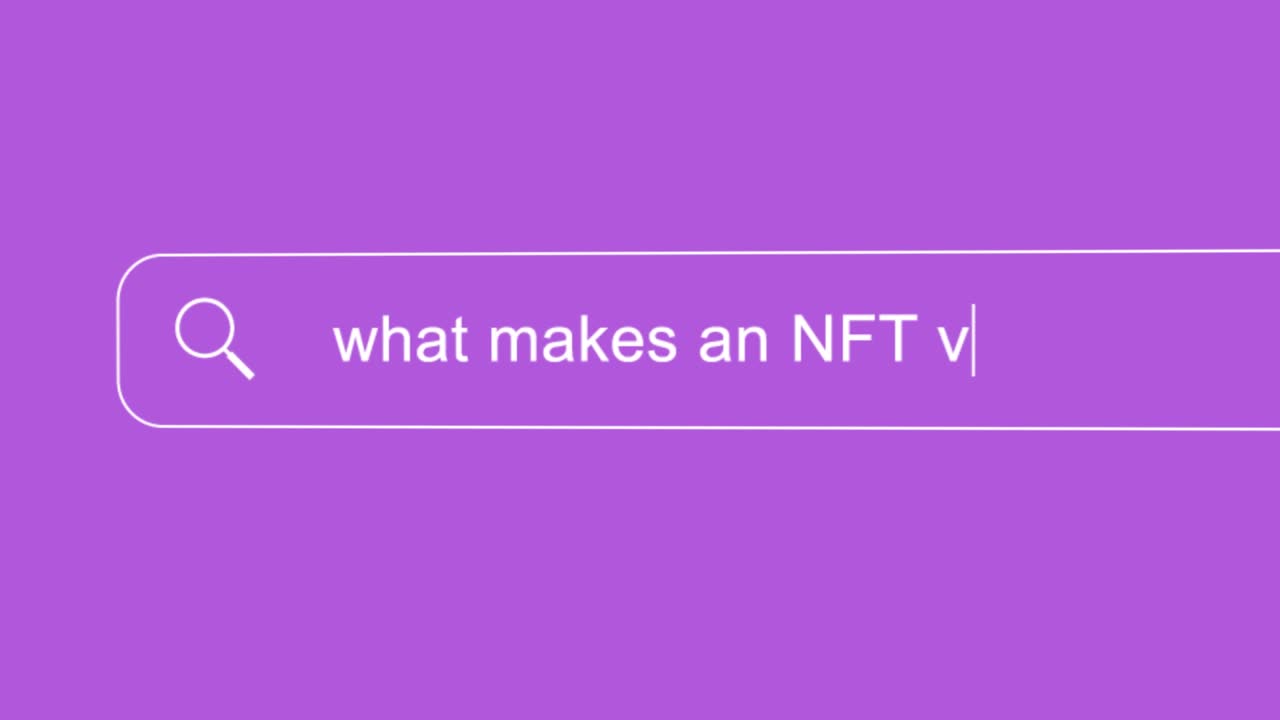 Search bar typing question - What makes an NFT valuable? on a Purple Background. NFTs are valuable because they verify the authenticity of a non-fungible asset. Future Technology. 4K