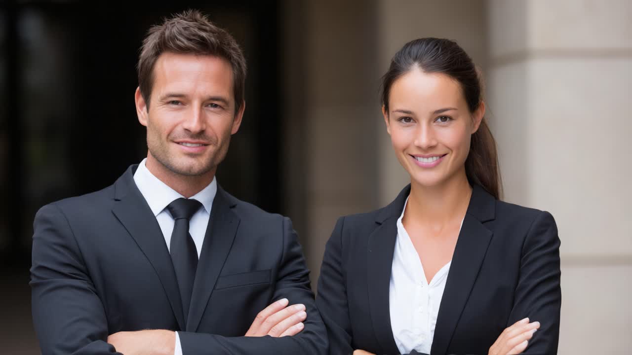 Professional Business Partners Standing Confidently Together in Formal Attire with a Modern Background, Showcasing Teamwork and Leadership in a Corporate Environment