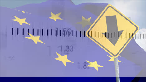 animation of financial data processing over road sign and flag of eu