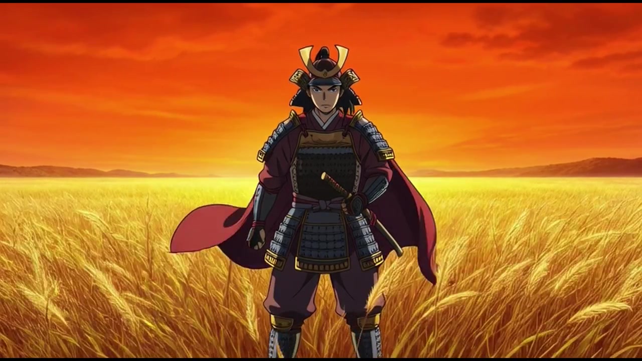 Samurai anime in piedi in un campo di grano dorato al tramonto