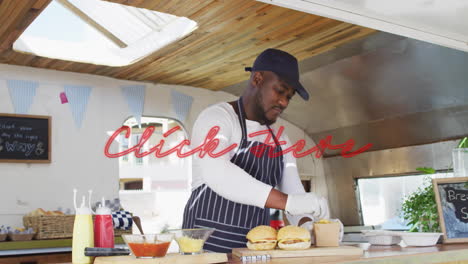 preparing burgers in food truck, chef using animation for menu display