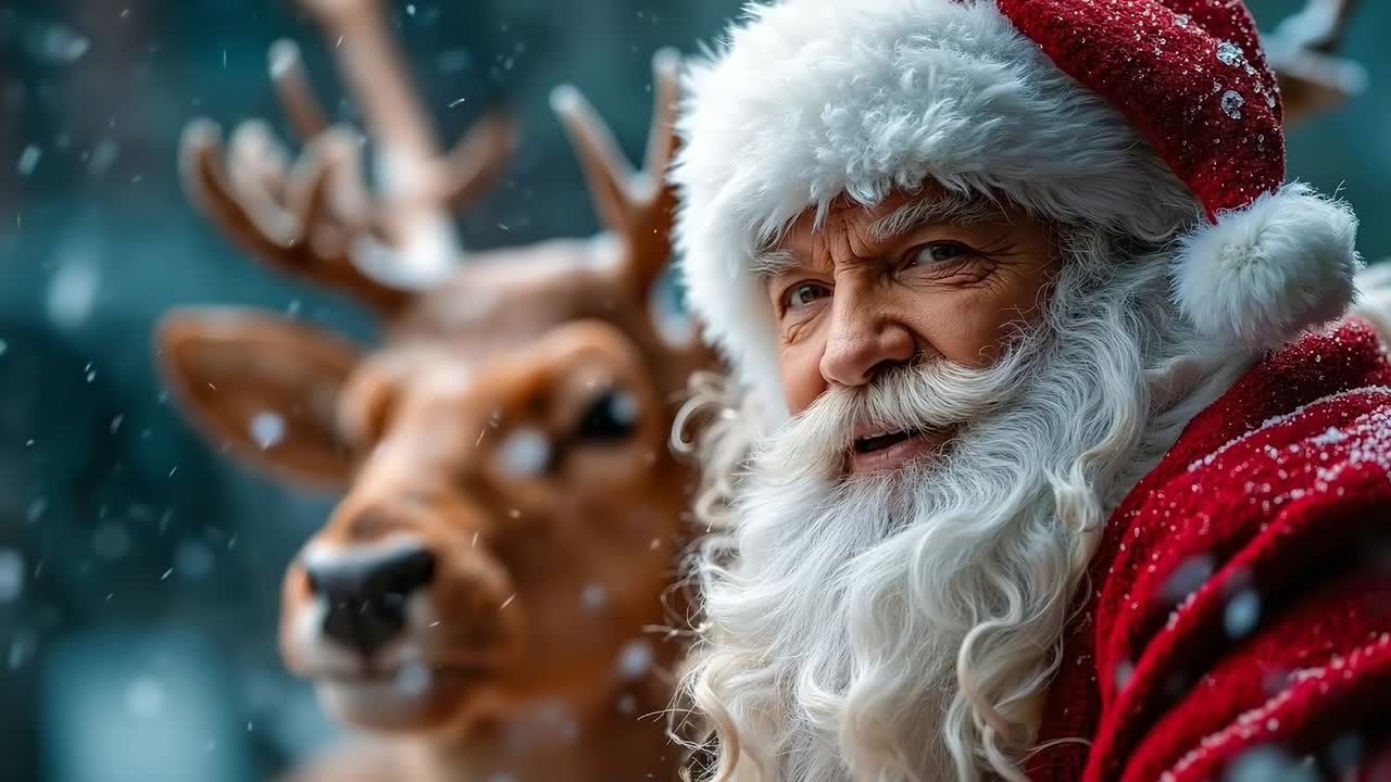 Mies joulupukin hatussa ja poro lumessa