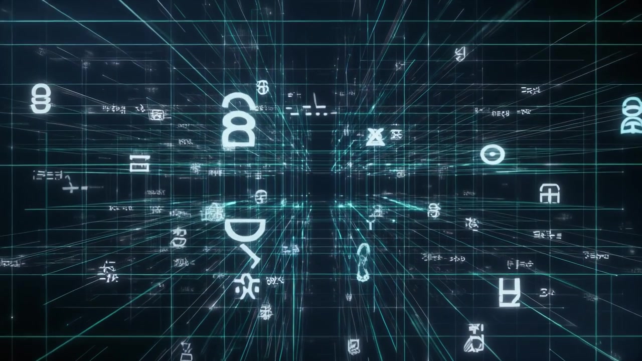 Abstract Digital Grid with Floating Data Symbols and Icons