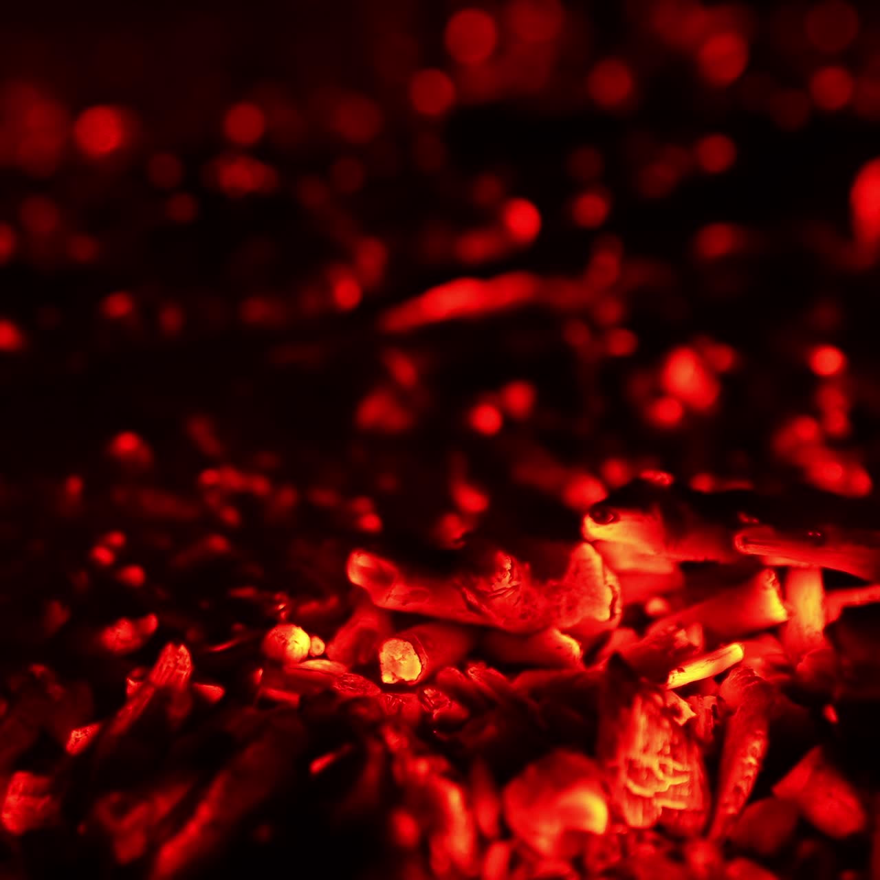 Hot red embers left from the campfire. Light smoke raises up from the charcoal. Close up
