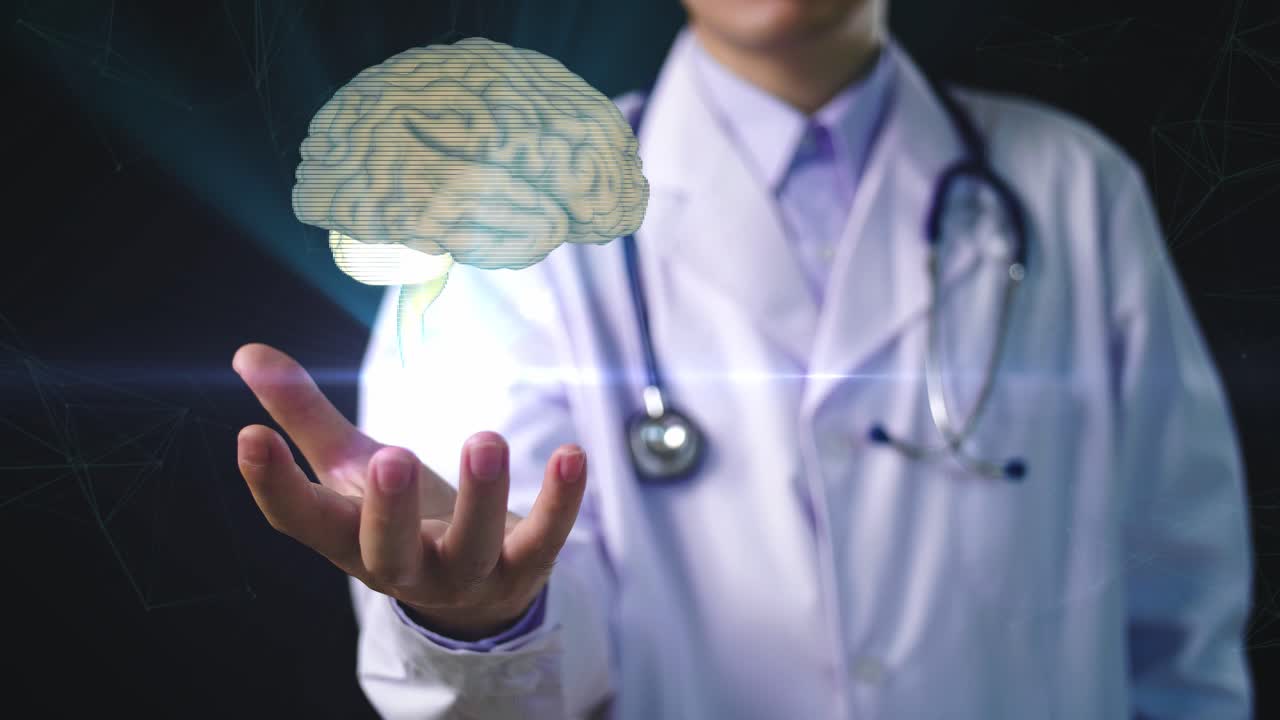 Doctor Hand Holding Holographic Scan Of Human Brain