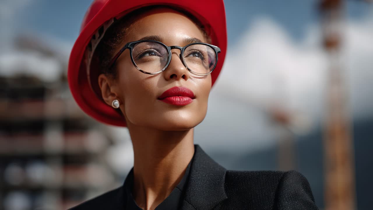A confident professional woman wearing a construction helmet and glasses gazes upward with determination, embodying strength and ambition in her field