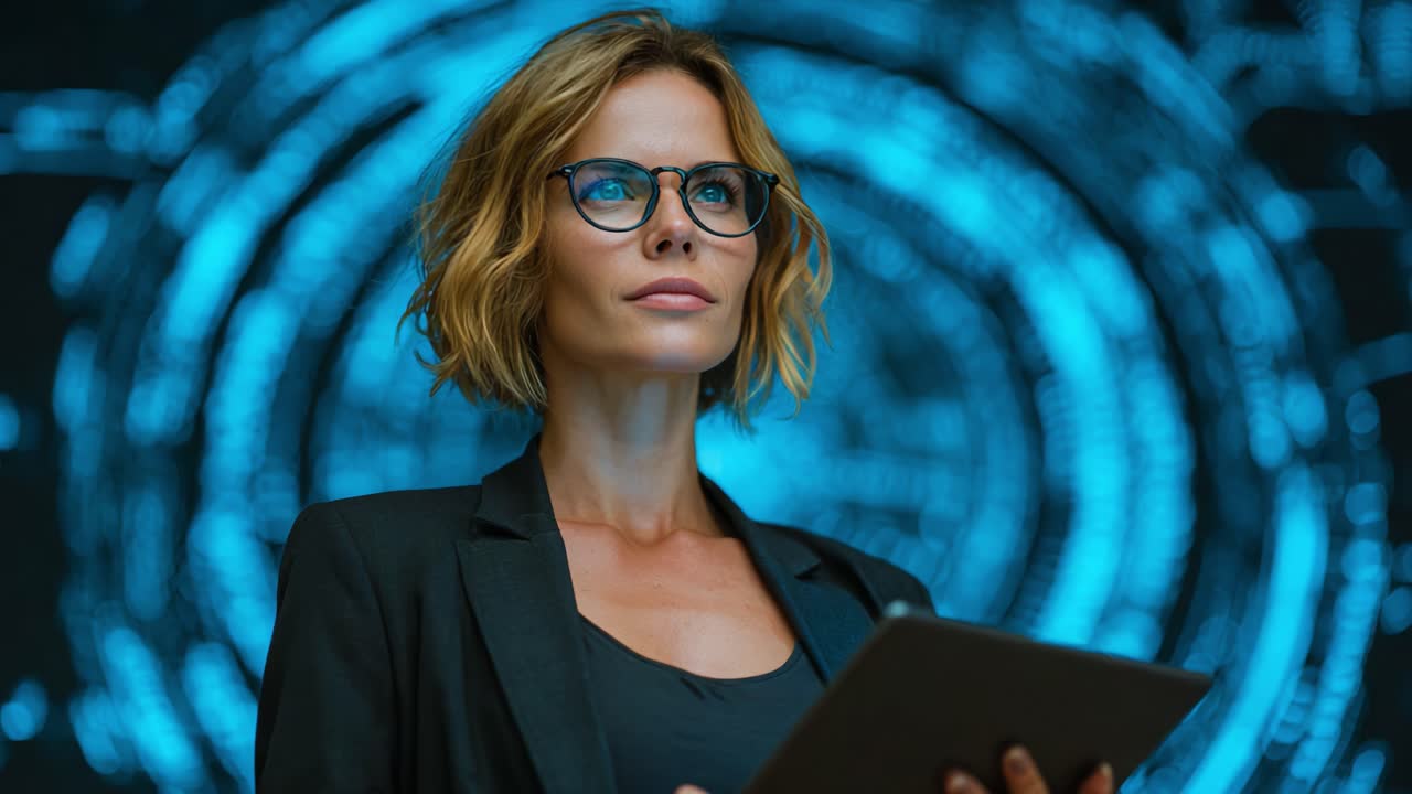 A confident professional woman engages with digital technology, analyzing data on a tablet in a high-tech environment, showcasing innovation and expertise in her field