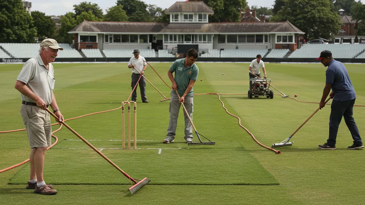 Groundskeepers Preparing a Cricket Pitch: Dedicated Team Mowing, Rolling, and Watering Grass for Optimal Playing Conditions in a Vibrant Sports Environment