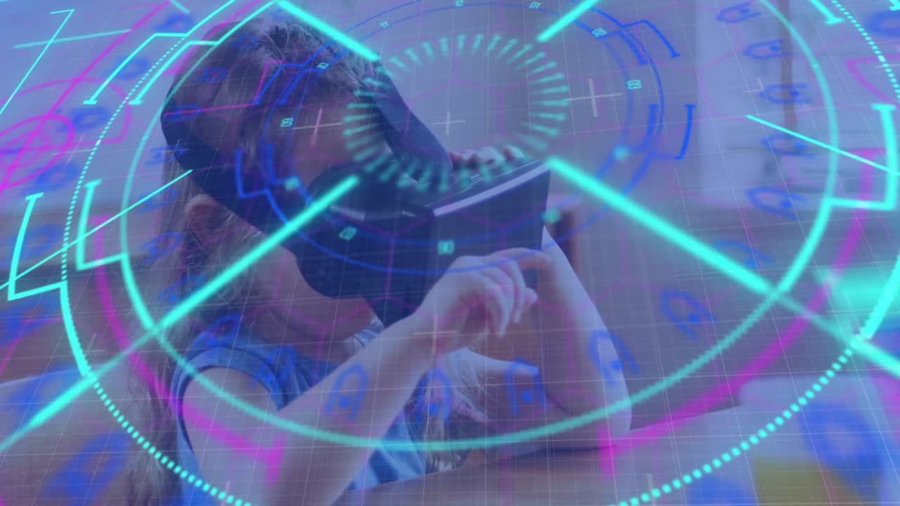 неонный сканер сканирует сетевую сеть против белой девушки, носящей vr-гарнитуру в школе