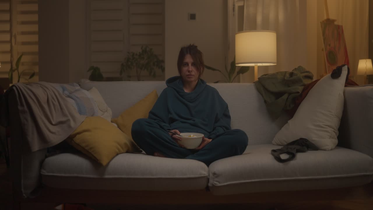 Woman Watching TV on a Sofa at Night