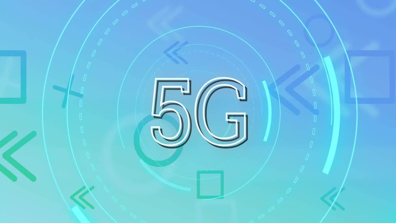 animación de texto de 5g sobre círculos giratorios y formas flotantes sobre fondo azul