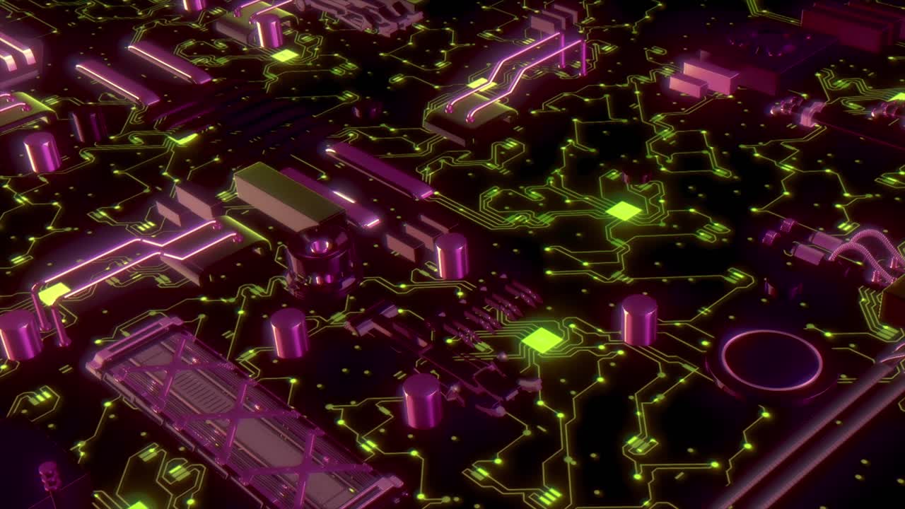 cerca de una placa de circuitos con líneas verdes brillantes y componentes púrpuras
