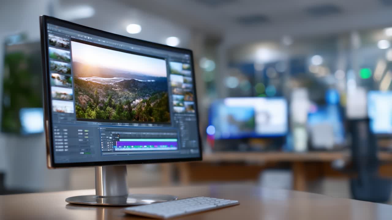 Modifica di immagini di paesaggi sullo schermo di un computer in un'area di lavoro moderna con illuminazione soffusa e più monitor che mostrano foto naturalistiche e strumenti di editing