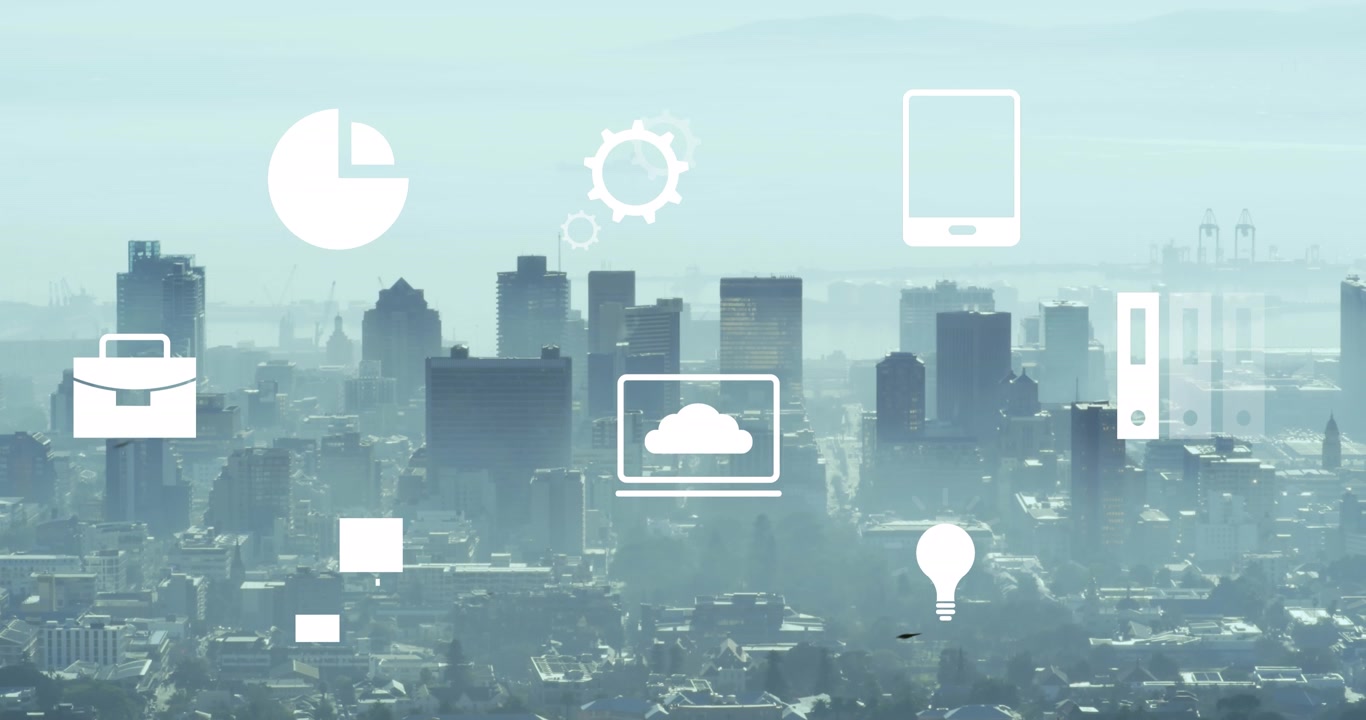 Animazione di diverse icone digitali fluttuanti su sfondo di una vista aerea di paesaggio urbano