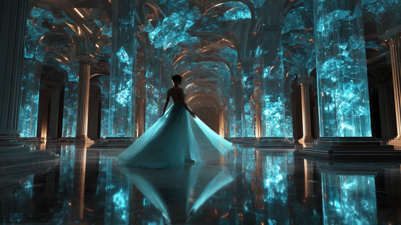 A Stunning Vision: An Elegant Figure Adorned in a Celestial Dress Stands Amidst a Breathtaking Hall with Shimmering Transparent Structures and Ethereal Blue Lighting