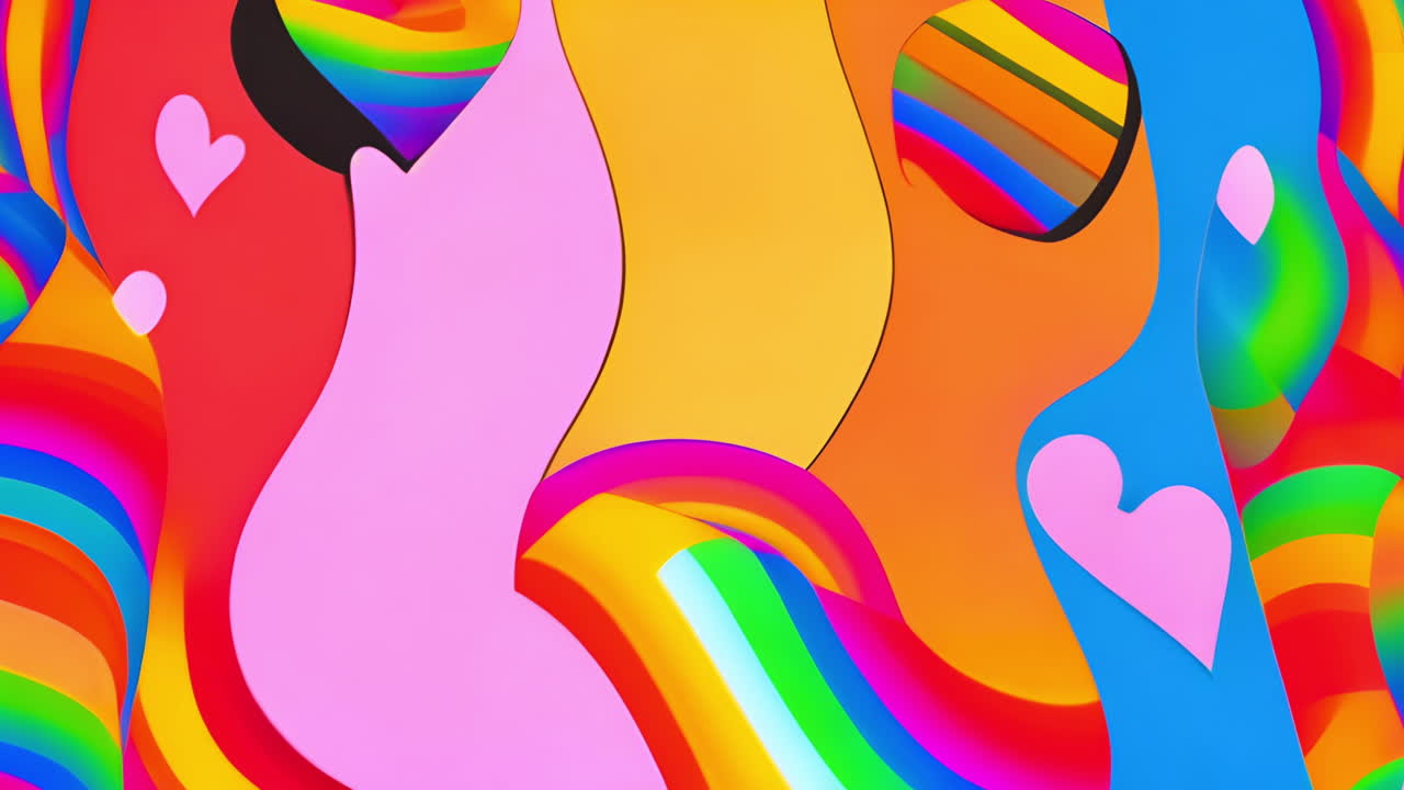 Colorful abstract shapes and hearts animation over vibrant rainbow background