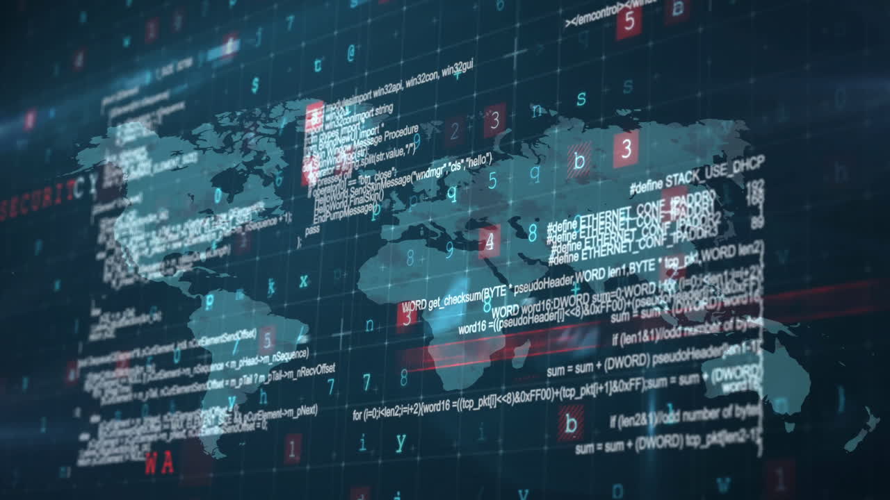 Displaying world map with digital code and cybersecurity data animation