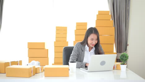 business asian woman exulting while works on laptop in office with piles of cardboard boxes in background