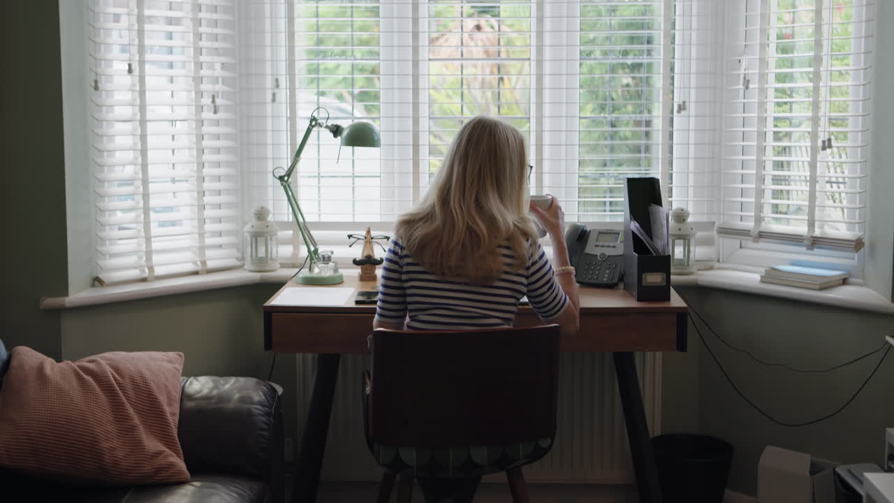 A living room scene with a dog, furniture, and a woman at a desk