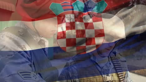 animation of flag of croatia over diverse male soldiers