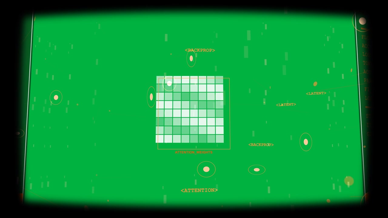 Falling beam starting grid stabilizing, crosshair aligning, showing attention weights, transparent
