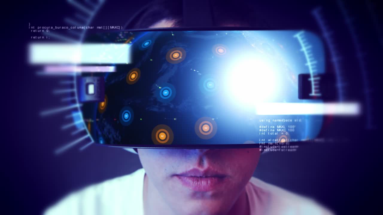 Handsome young man wearing VR headset and experiencing virtual reality.