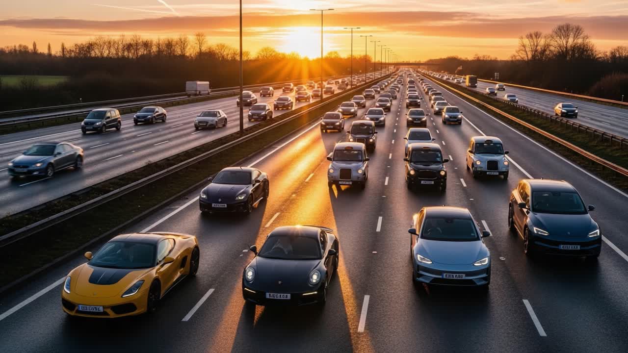 Travl motorvejstrafik ved solnedgang