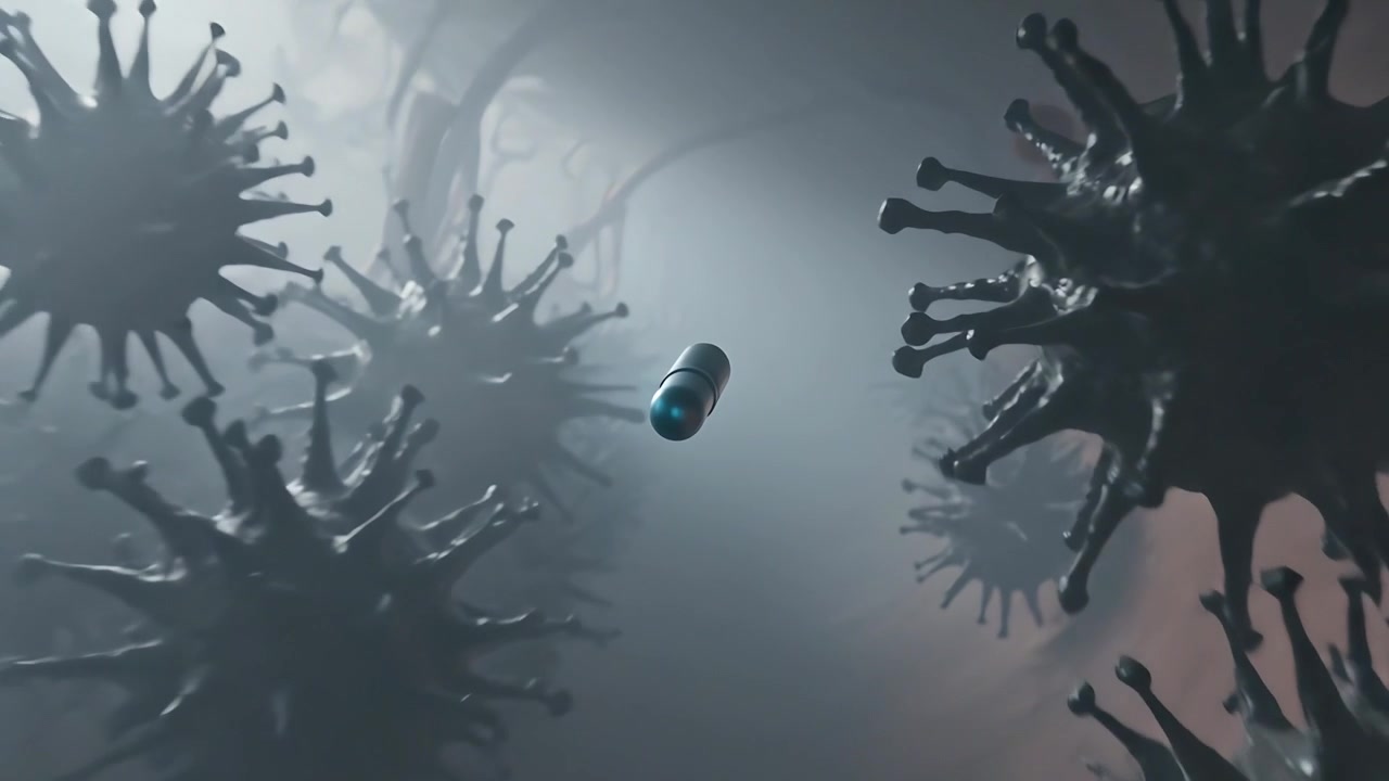 Flowing small blue-green pill moving past spiky particles and red discs down tube to misty opening