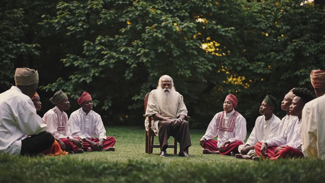 A serene video scene with a low-angle shot of a group in traditional attire, seated in a circle