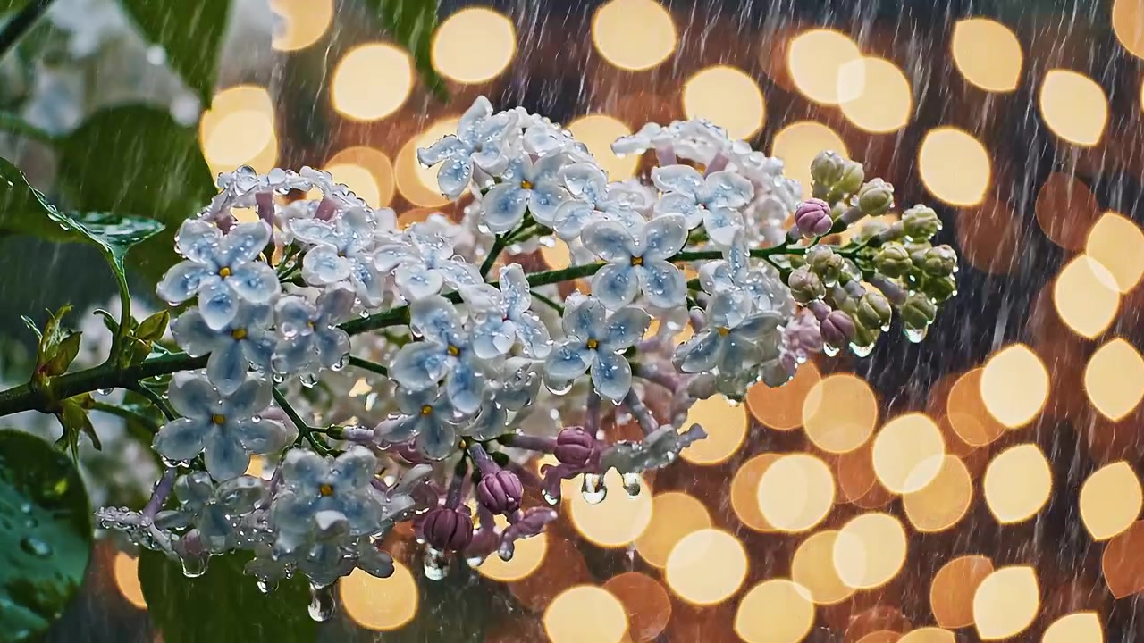 White lilac blossoms in the rain with golden bokeh background