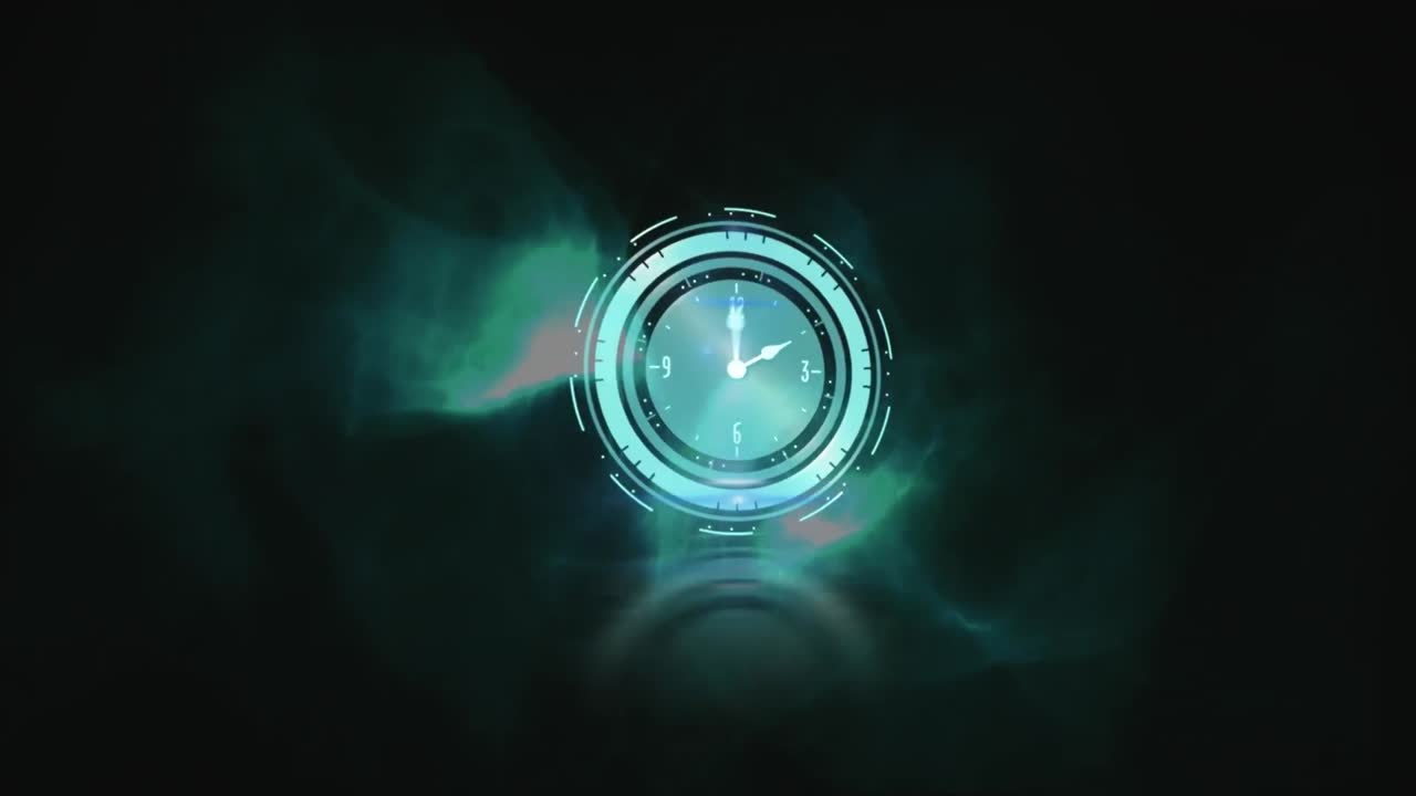 Animation of clock over blue waves on dark background