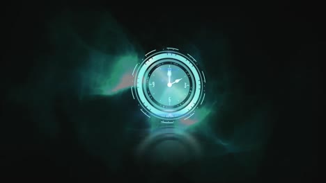 Animation-of-clock-over-blue-waves-on-dark-background