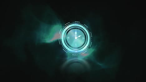 animación del reloj sobre ondas azules en fondo oscuro
