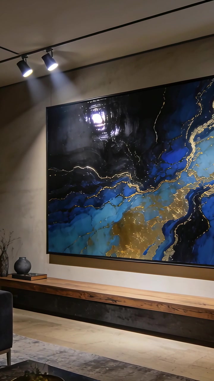 Video verticale: Telecamera in riproduzione che effettua una panoramica sulla parete del salotto, mostrando arte astratta e faretti