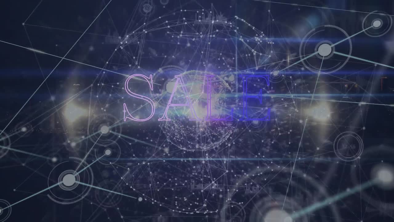 검은색 바탕에 연결 네트워크와 함께 데이터 처리를 통해 판매 텍스트의 애니메이션.