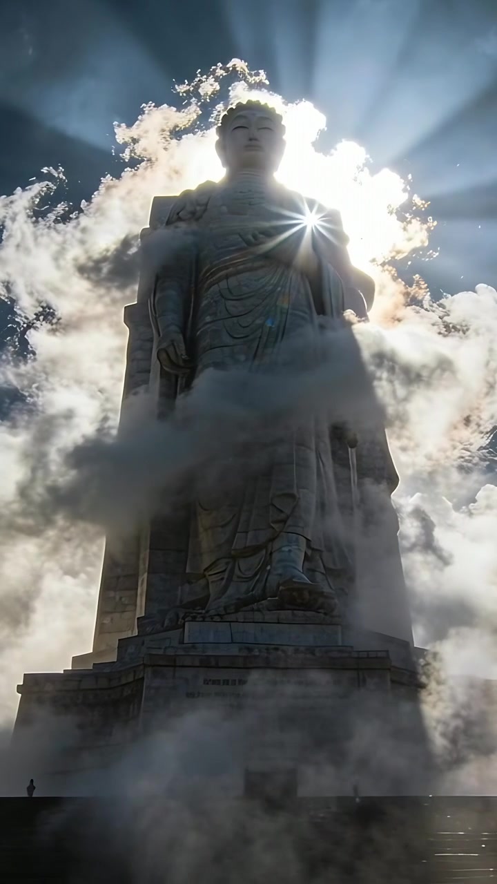 Video verticale: Il sole retroillumina una statua ammantata in una piazza, le nuvole si spostano e la nebbia rivela il drappeggio.