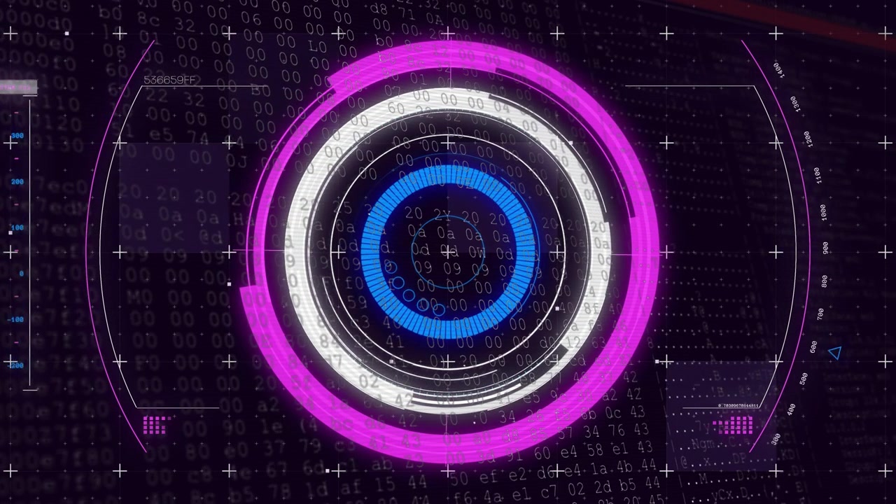 Central HUD initializing technology scan on dark grid, rotating magenta arc and pulsing blue ring