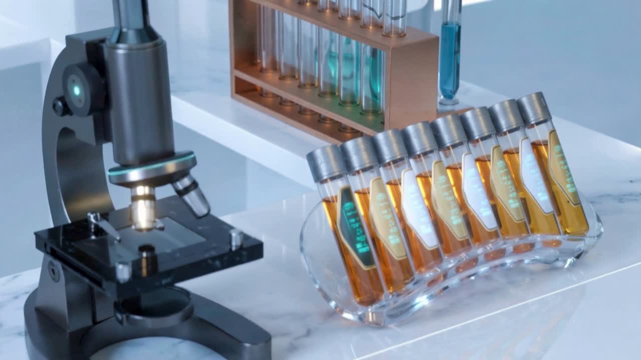 Microscopio e provette in un moderno laboratorio scientifico.