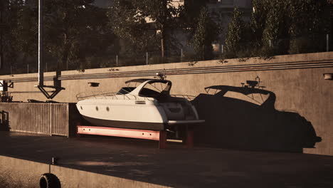 white boat docked at a marina